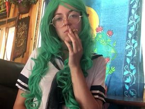 Green haired girlfriend gives smoke lesson...