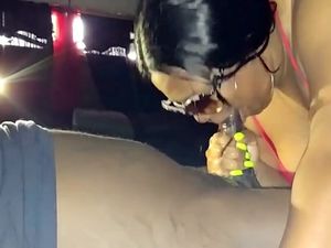 Black BBW in sunscreen glasses sucking