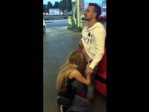 Blonde hooker sucking cock in gas station