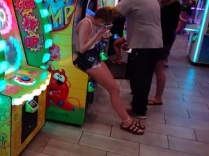 Candid voyeur gorgeous leggy teen with mom