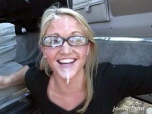 Blonde wife in glasses gets messy facial...